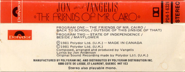 Jon & Vangelis - The Friends Of Mr Cairo -