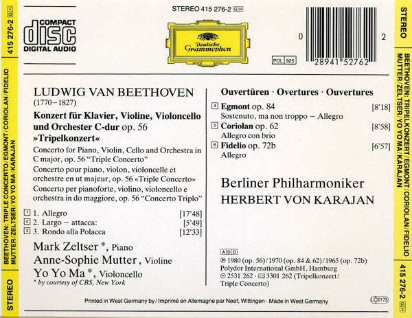 Ludwig van Beethoven - Anne-Sophie Mutter, Mark Zeltser, Yo-Yo Ma, Berliner Philharmoniker, Herbert von Karajan - Tripelkonzert = Triple Concerto / Ouvertüren: Egmont • Coriolan • Fidelio (CD) -