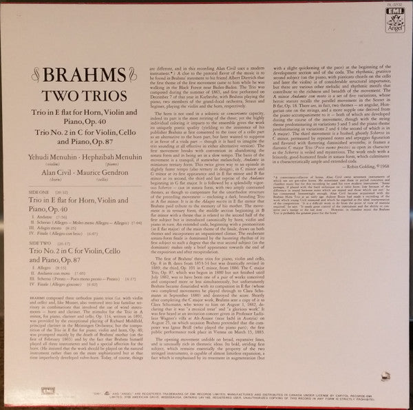 Johannes Brahms - Yehudi Menuhin, Maurice Gendron, Hephzibah Menuhin, Alan Civil - Trio In E Flat For Horn, Violin & Piano, Op. 40 • Trio No. 2 In C For Violin, Cello & Piano, Op. 87 -