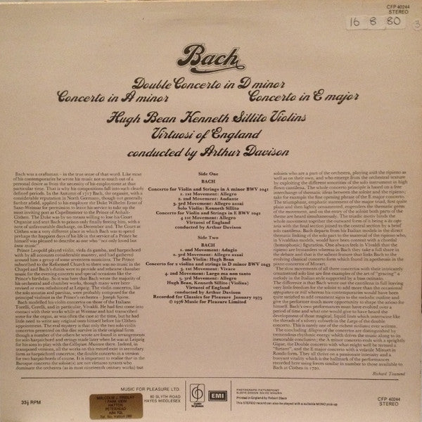 Johann Sebastian Bach, Virtuosi Of England, The, Arthur Davison, Hugh Bean, Kenneth Sillito - Double Concerto In D Minor, Concerto In A Minor, Concerto In E Major - 1976