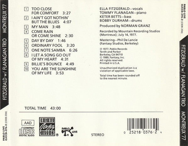 Ella Fitzgerald With Tommy Flanagan Trio - Montreux '77 (CD) - 1989