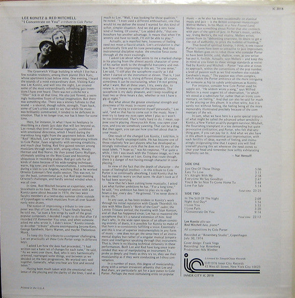 Lee Konitz & Red Mitchell - I Concentrate On You (A Tribute To Cole Porter) Vinyl Record