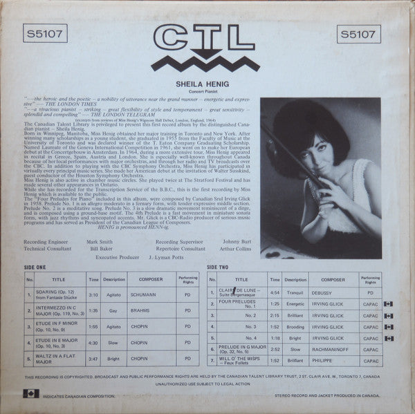 Sheila Henig - Sheila Henig Plays Brahms, Chopin, Debussy, Glick, Philippe And Rachmaninoff - 1968