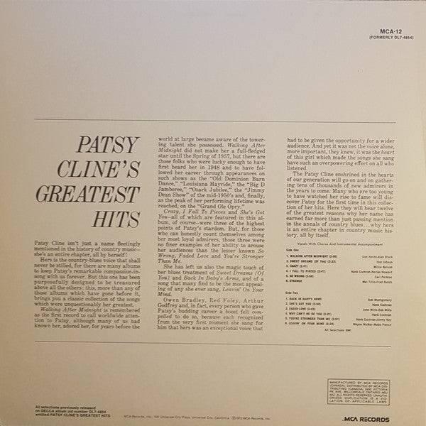 Patsy Cline - Greatest Hits -