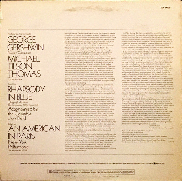 George Gershwin Accompanied By Michael Tilson Thomas Conducting Columbia Jazz Band, The - Rhapsody In Blue (The 1925 Piano Roll) - 1976