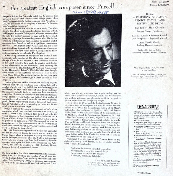 Robert Shaw Chorale, The : Benjamin Britten - A Ceremony Of Carols / Rejoice In The Lamb / Festival Te Deum -