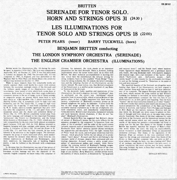 Benjamin Britten, Peter Pears, Barry Tuckwell, London Symphony Orchestra, English Chamber Orchestra - Serenade For Tenor, Horn & Strings / Les Illuminations - 1967