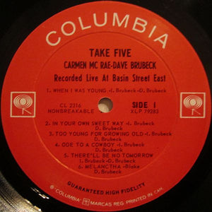 Carmen McRae - Take Five (Recorded Live At Basin Street East) Vinyl Record