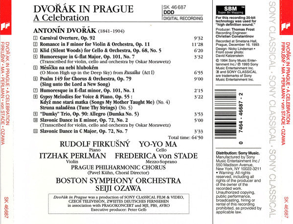 Antonín Dvořák, Rudolf Firkušný, Yo-Yo Ma, Itzhak Perlman, Frederica von Stade, Boston Symphony Orchestra, Seiji Ozawa - Dvořák In Prague (A Celebration) (CD) - 1994