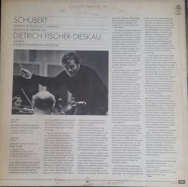 Dietrich Fischer-Dieskau Conducts Franz Schubert, New Philharmonia Orchestra - Symphony No. 8 In B Minor ("Unfinished"); Symphony No. 5 In B Flat - 1973