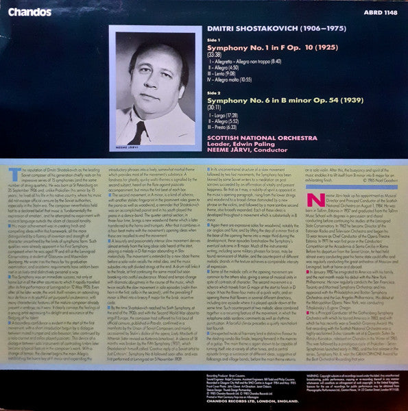 Dmitri Shostakovich, Neeme Järvi ▪ Royal Scottish National Orchestra - Symphony No. 1 In F Op. 10 / Symphony No. 6 In B Minor Op. 54 - 1985