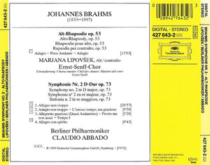 Johannes Brahms, Marjana Lipovšek • Ernst Senff Chor Berlin, Berliner Philharmoniker • Claudio Abbado - Symphonie No. 2 • Alto Rhapsody (CD) - 1989