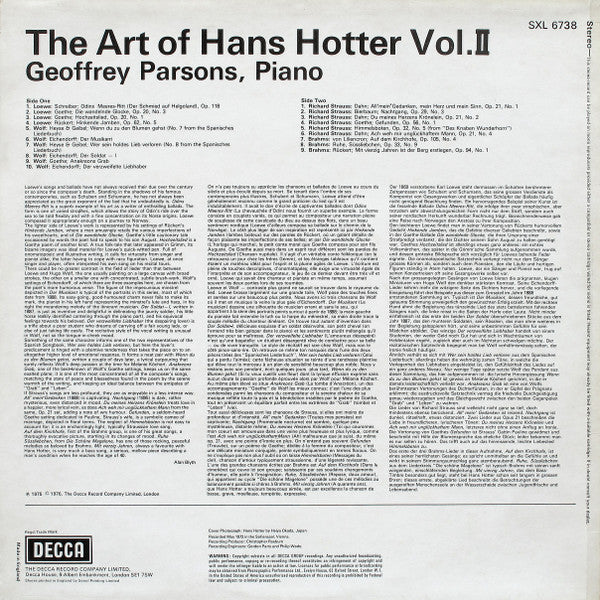 Hans Hotter, Geoffrey Parsons - The Art Of Hans Hotter Vol. II - 1976