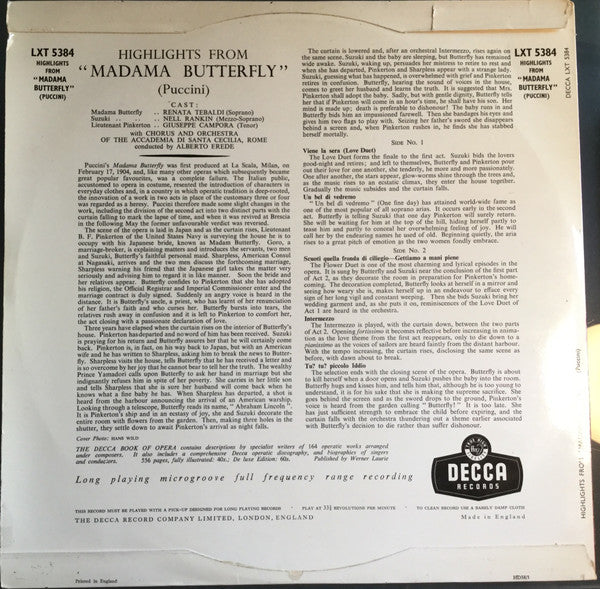 Giacomo Puccini / Renata Tebaldi, Nell Rankin, Giuseppe Campora, Coro dell'Accademia Nazionale di Santa Cecilia And Orchestra dell'Accademia Nazionale di Santa Cecilia, Alberto Erede - Highlights From Madama Butterfly - 1958
