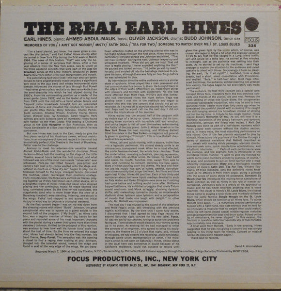 Earl Hines - The Real Earl Hines Recorded Live! In Concert Vinyl Record