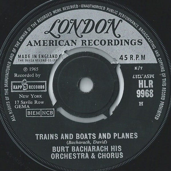 Burt Bacharach & His Orchestra & Burt Bacharach Singers, The - Trains And Boats And Planes - 1965