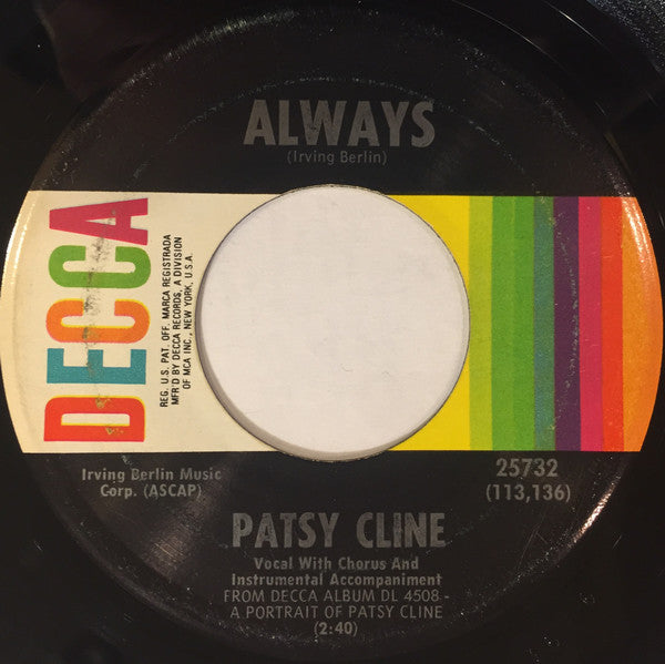Patsy Cline - Always / Pick Me Up On Your Way Down