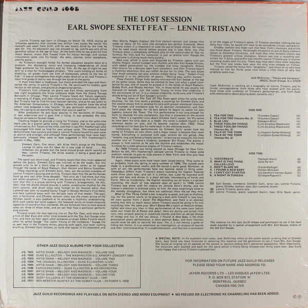 Earl Swope Sextet Featuring: Lennie Tristano - The Lost Session - 1982
