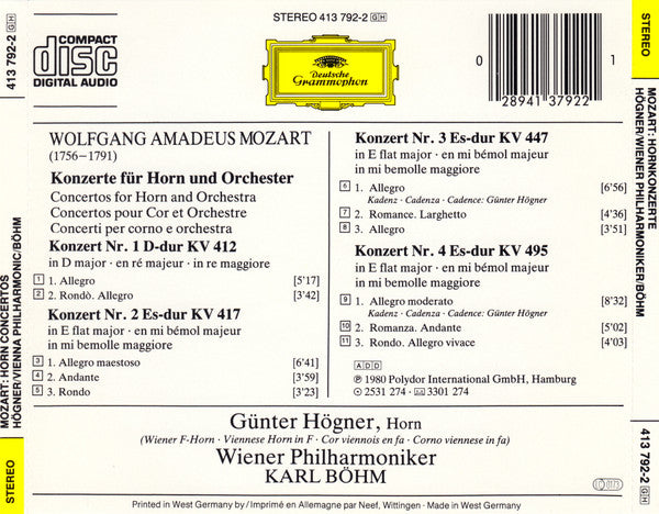 Wolfgang Amadeus Mozart, Günter Högner · Wiener Philharmoniker, Karl Böhm - Hornkonzerte - Horn Concertos (CD) - 1984