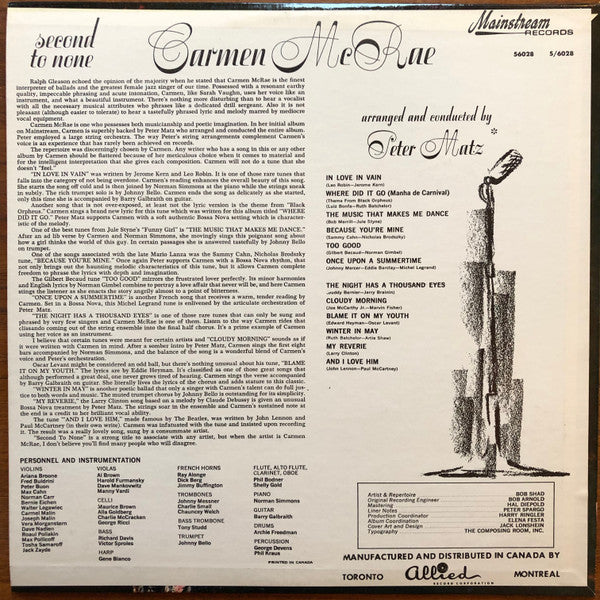 Carmen McRae - Second To None Vinyl Record