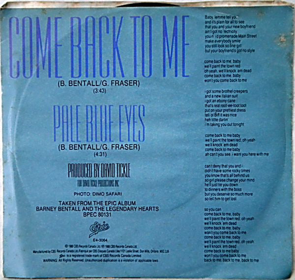 Barney Bentall And The Legendary Hearts - Come Back To Me - 1988