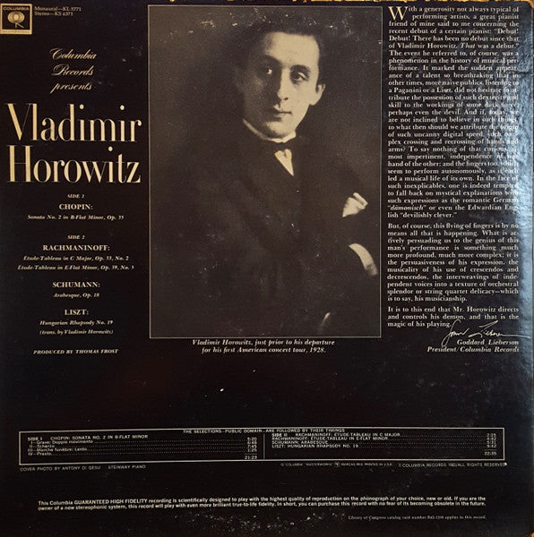 Vladimir Horowitz / Frédéric Chopin / Robert Schumann / Sergei Rachmaninoff / Franz Liszt - Columbia Records Presents Vladimir Horowitz • Works By Chopin, Rachmaninoff, Schumann And Liszt - 1962