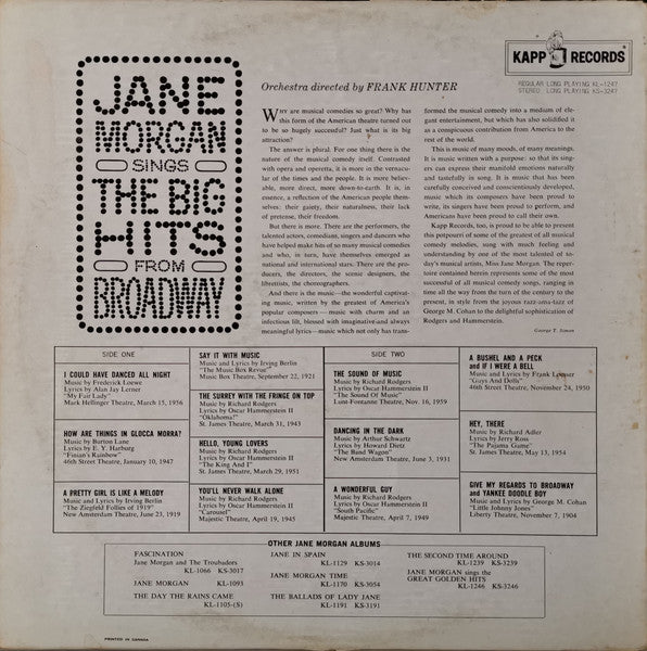 Jane Morgan - Sings The Big Hits From Broadway - 1961