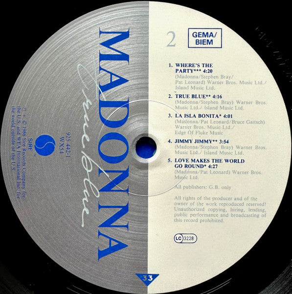 Madonna - True Blue Vinyl Record