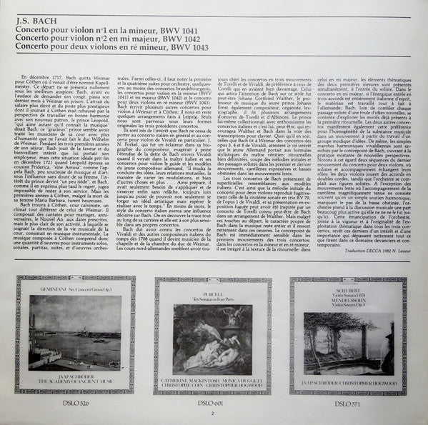 Johann Sebastian Bach - Jaap Schröder, Christopher Hirons, Academy Of Ancient Music, The, Christopher Hogwood - Violin Concertos 1 & 2 / Concerto For 2 Violins - 1982