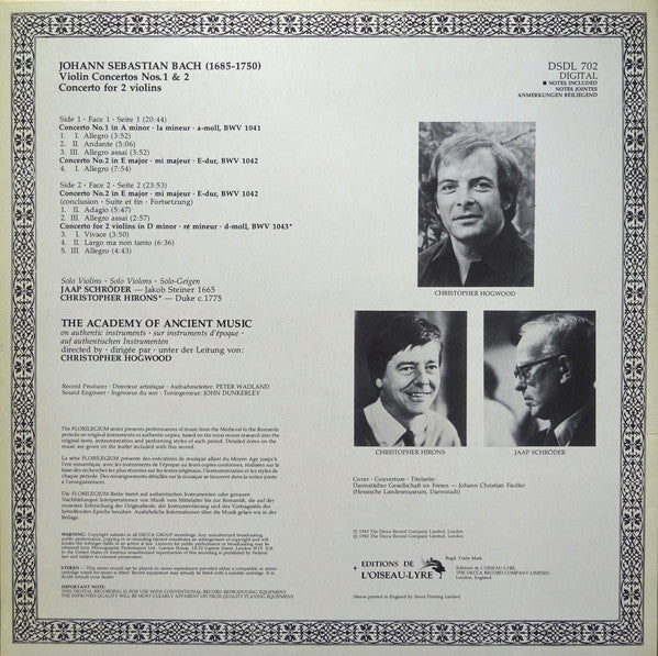 Johann Sebastian Bach - Jaap Schröder, Christopher Hirons, Academy Of Ancient Music, The, Christopher Hogwood - Violin Concertos 1 & 2 / Concerto For 2 Violins - 1982
