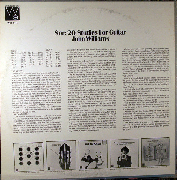 John Williams  - Sor: 20 Studies For Guitar Vinyl Record