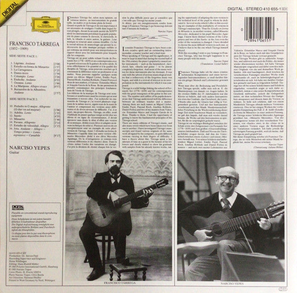 Francisco Tárrega, Narciso Yepes - Recuerdos De La Alhambra / Lágrima ∙ Danza Mora ∙ Adelita ∙ Pavana ∙ Jota - 1983