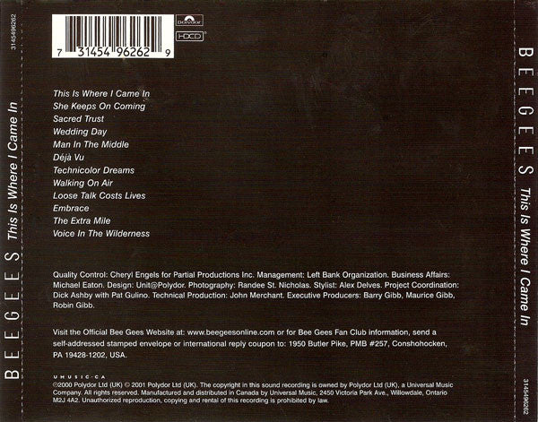 Bee Gees - This Is Where I Came In (CD) - 2001