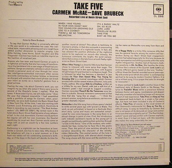 Carmen McRae - Take Five (Recorded Live At Basin Street East) Vinyl Record