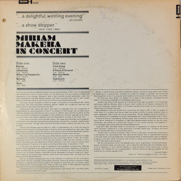 Miriam Makeba - In Concert Vinyl Record