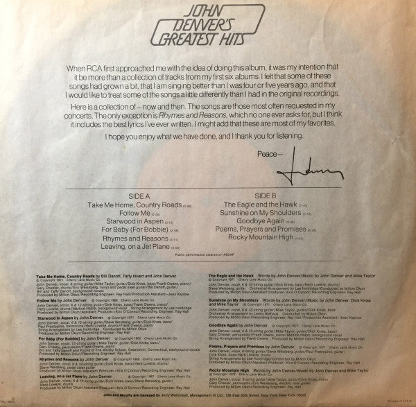 John Denver - John Denver's Greatest Hits Vinyl Record