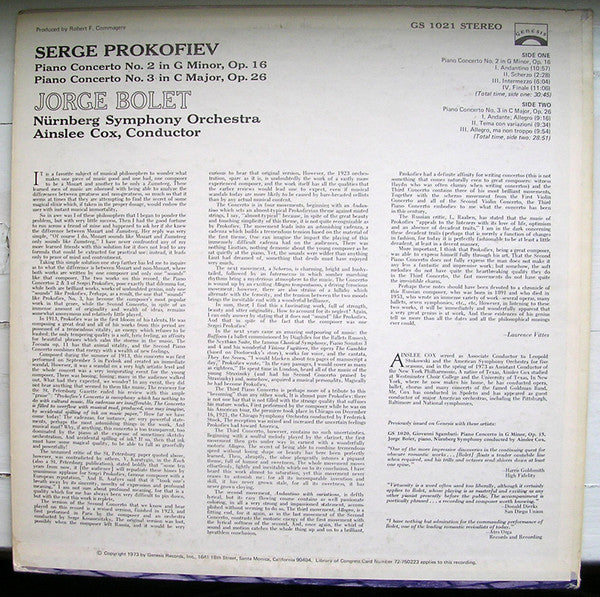 Prokofiev Bolet -  Piano Concerto No. 2 In G Minor, Op. 16 / Piano Concerto No. 3 In C Major, Op. 26 Vinyl Record