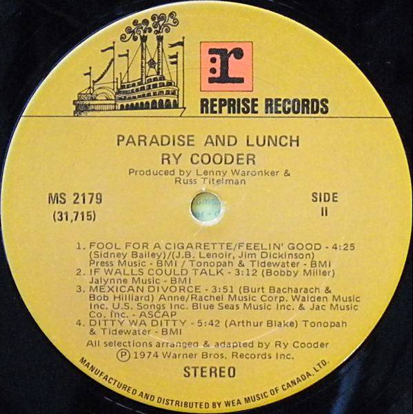 Ry Cooder - Paradise And Lunch - 1974