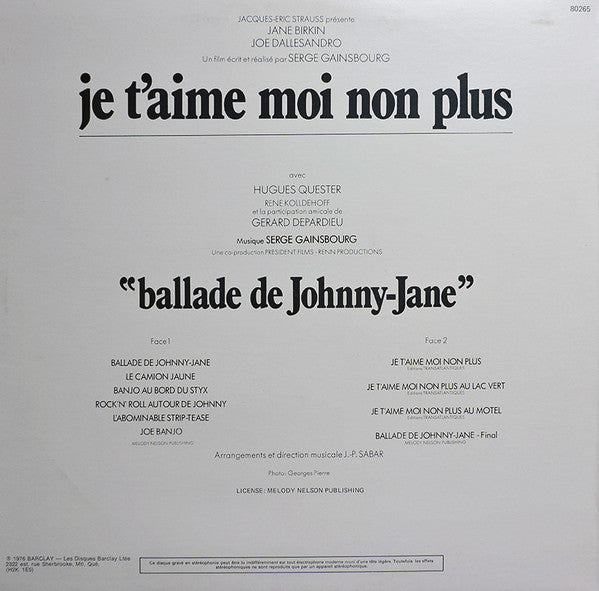 Serge Gainsbourg - Bande Originale Du Film De Serge Gainsbourg "Je T'Aime Moi Non Plus" - 1976