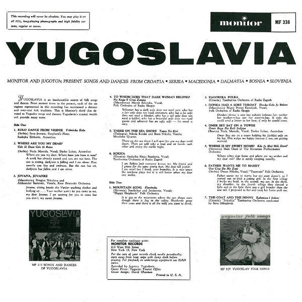 Various - Yugoslavia: Songs And Dances From Croatia, Serbia, Macedonia, Dalmatia, Bosnia, Slovenia - 1960