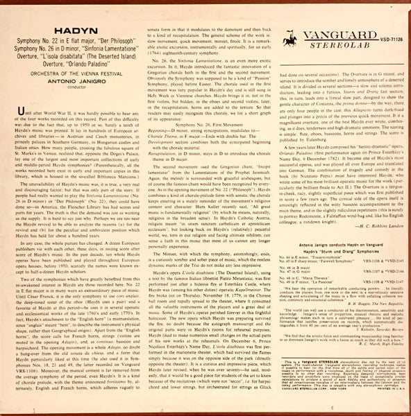 Joseph Haydn, Wiener Festspielorchester, Antonio Janigro - Symphony No. 22 In E Flat, "Der Philosoph" / Symphony No.26 In D Minor, "Lamentatione"/ Overture To "L'isola Disbitata"/ Overture To "Orlando Paladino" - 1965