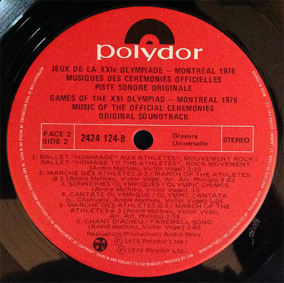 Various - Games Of The XXI Olympiad Montréal 1976 Original Soundtrack Music Of The Official Ceremonies = Jeux De La XXIᵉ Olympiade Montréal 1976 Piste Sonore Originale Musique Des Cérémonies Officielles - 1976