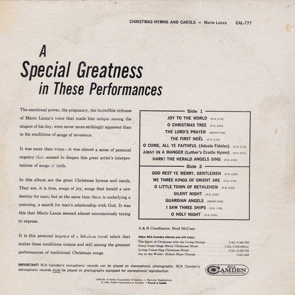 Mario Lanza - Christmas Hymns And Carols - 1963