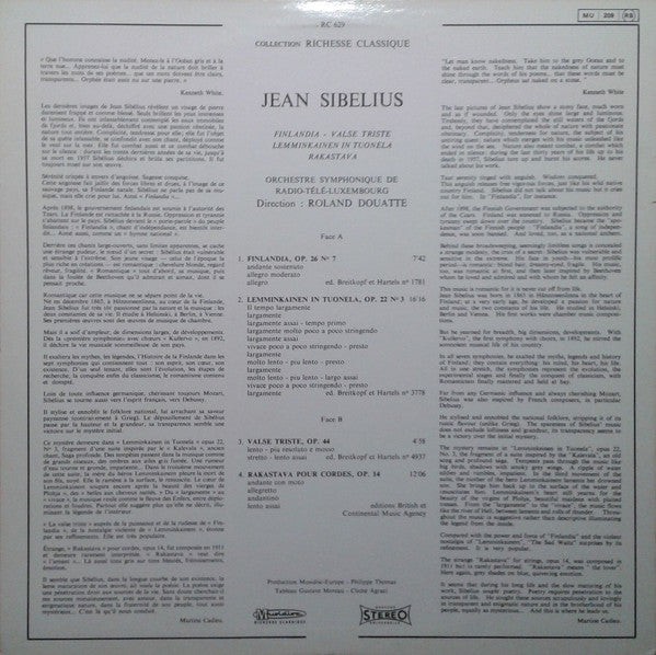 Jean Sibelius - Orchestra Of Radio Luxembourg, Roland Douatte - Finlandia / Valse Triste / Lemminkaïnen In Tuonela / Rakastava - 1982