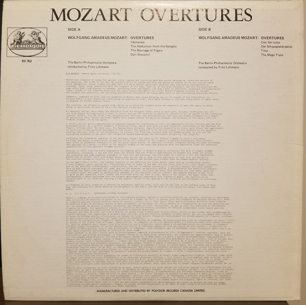 Wolfgang Amadeus Mozart, Berliner Philharmoniker, Fritz Lehmann - Mozart Overtures - 1968