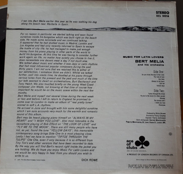 Bert Melia And His Orchestra - Music For Latin Lovers - 1969