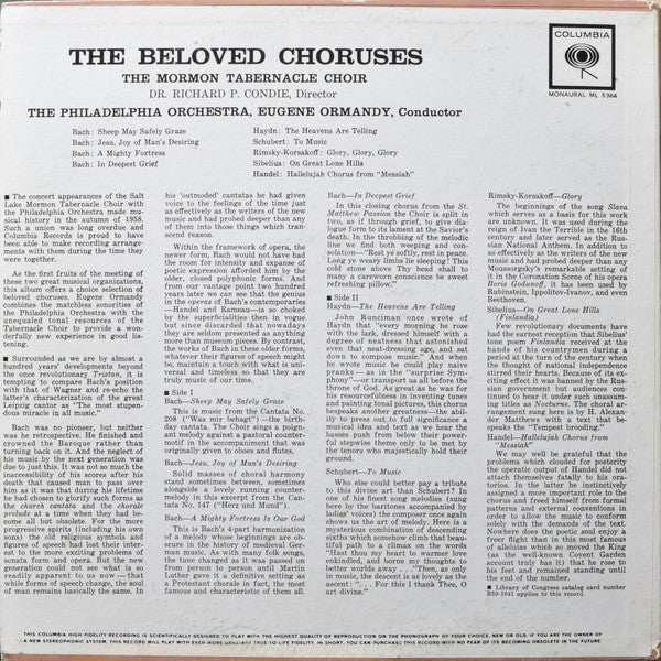 Mormon Tabernacle Choir, Richard P. Condie - Philadelphia Orchestra, The, Eugene Ormandy - The Beloved Choruses - 1958