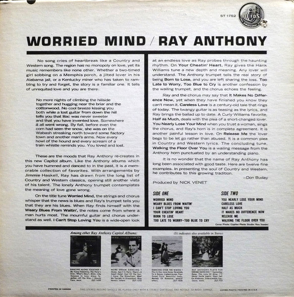 Ray Anthony - Worried Mind (The Soul Of Country Western Blues) - 1962