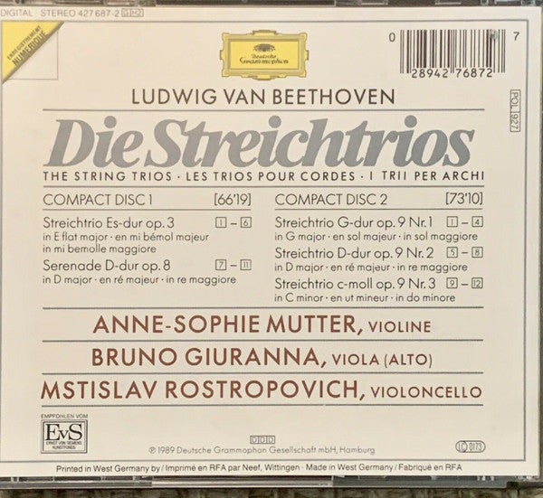 Ludwig van Beethoven, Anne-Sophie Mutter, Bruno Giuranna, Mstislav Rostropovich - Die Streichtrios = The String Trios = Les Trios Pour Cordes (CD) - 1989