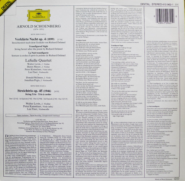 Arnold Schoenberg - LaSalle Quartet, Donald McInnes, Jonathan Pegis - Verklärte Nacht • Streichtrio / Transfigured Night • String Trio - 1984